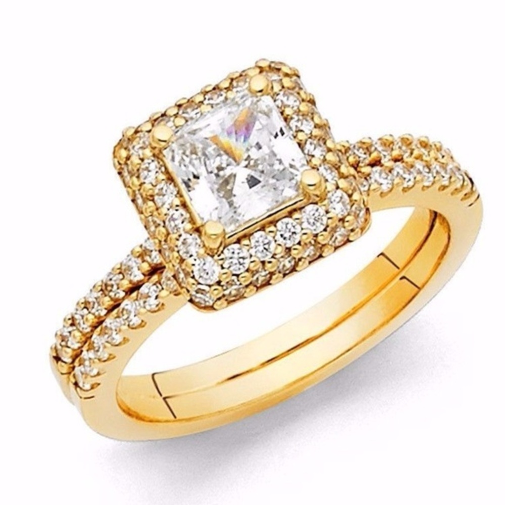 New Solid 14K Yellow Gold  Princess Cut Engagement Bridal Ring band 2pc set